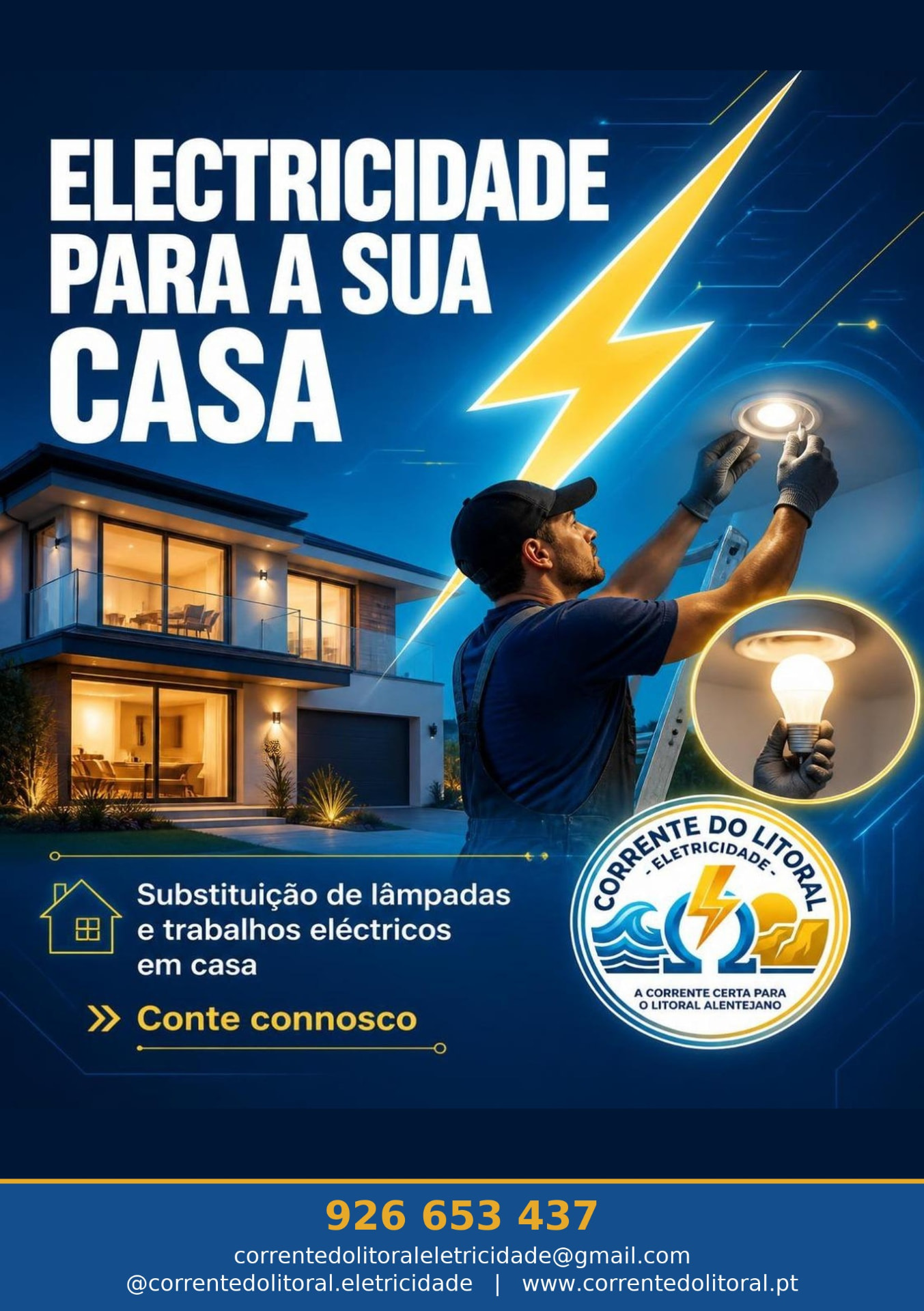 Eletricista a trabalhar na iluminação de uma casa