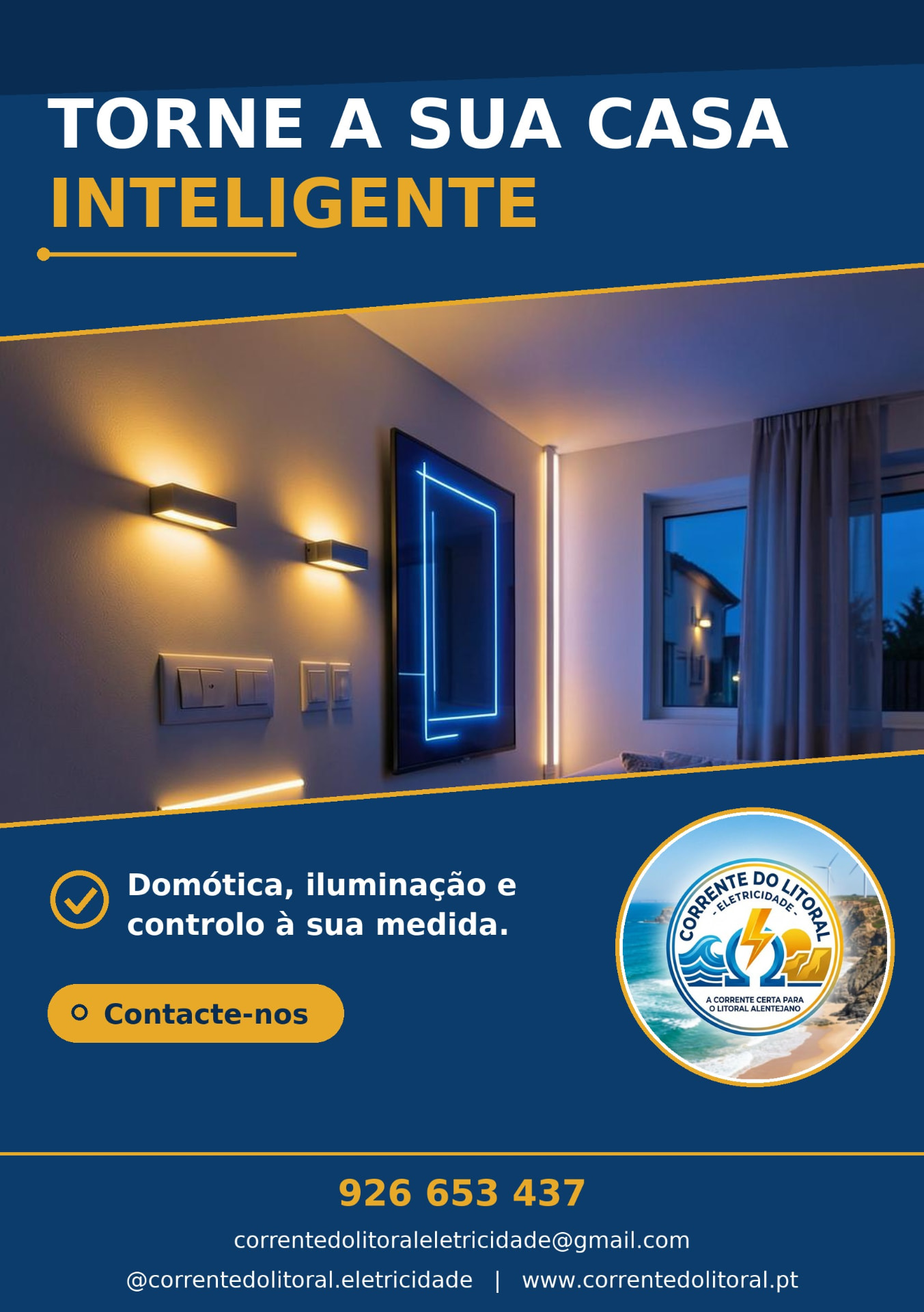 Sala com iluminação inteligente controlada por domótica